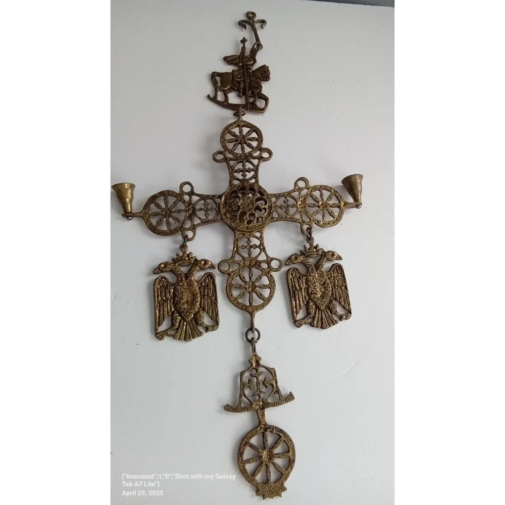 Vintage Ornate Metal Cross Wall Hanging Candlestick‎ Holder Religious Decor